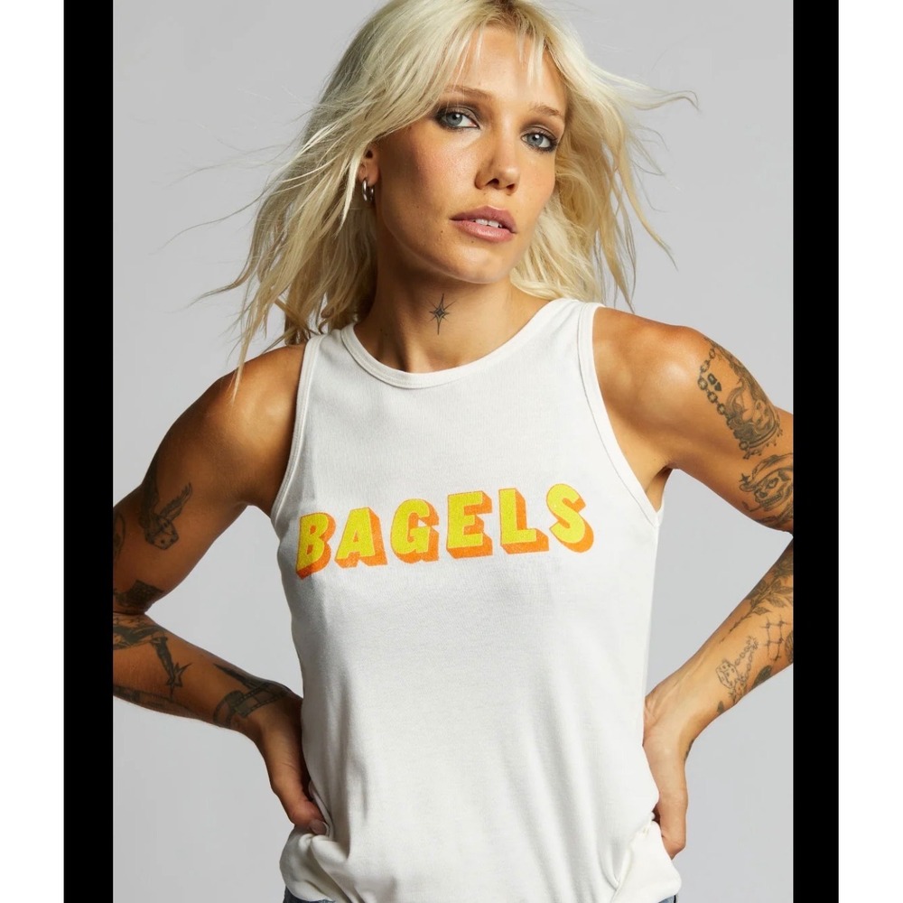 Recycled Karma Women Bagels Graphic Tank Top Pearl White Small NWT